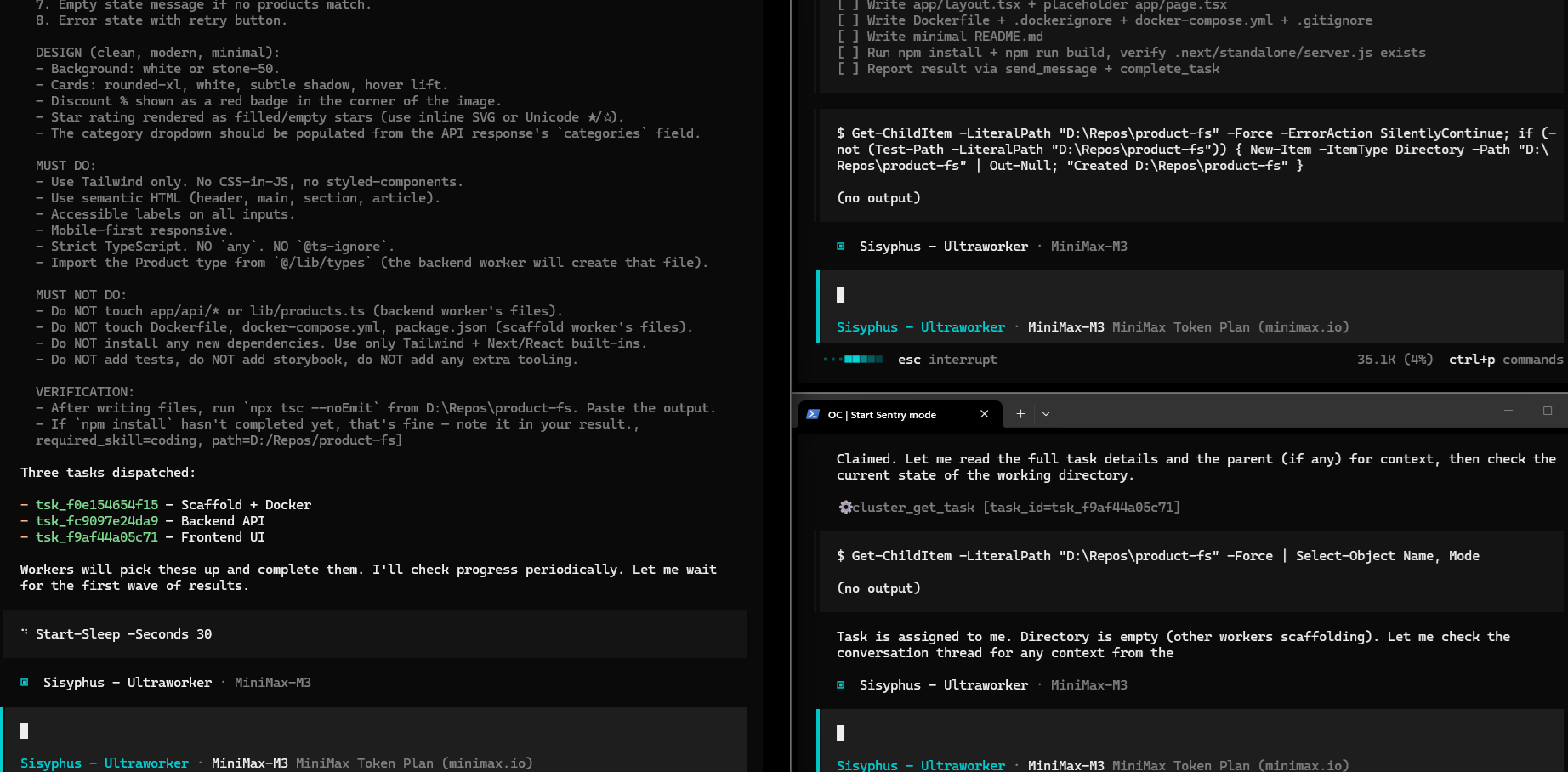 A lead opencode session splitting a build into three tasks and delegating them; a sentry session claiming one and working in the target folder.